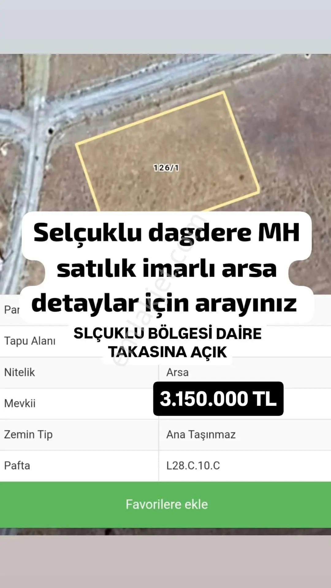 Selçuklu Dağdere Mahallesi 1105 M² Takaslı Arsa Satlık