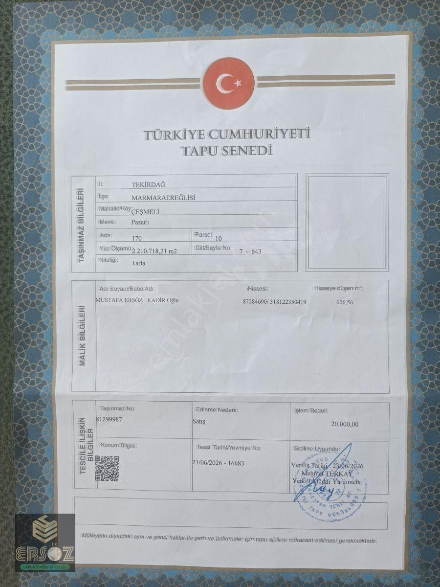 Tekirdağ Marmara Ereğlisi Çeşmeli 606 Metre Kelepir Arsa — fotoğraf 4