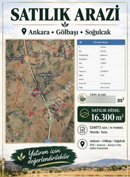 Yatırımlık Arazi, Gölbaşı, Soğucak, 16.000 M2, Hisseli