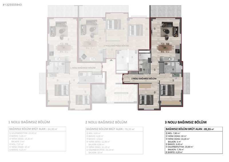 Adıvar Sitesi Projesi 2+1 85m2 Balkonlu Satılık Daire