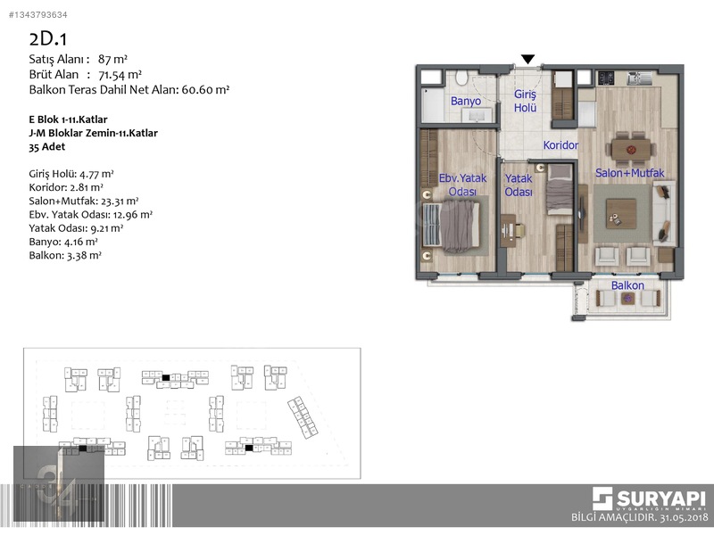 Cadde 34 Gayrimenkul Turkuaz İnşaattan 2+1 87m2 Satılık Daire