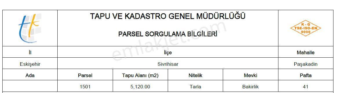 Eskişehir Sivrihisar Paşakadın 5.120m2 Müstakiltapu Satılık Arsa — fotoğraf 5