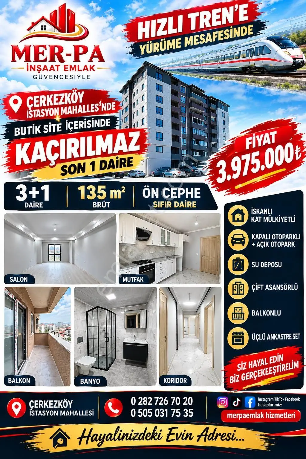 Mer-Pa İnş. ( Son 1 Adet 3+1 ) İstasyon Mah'De Site İçerisinde/ İskanlı Sıfır Da...