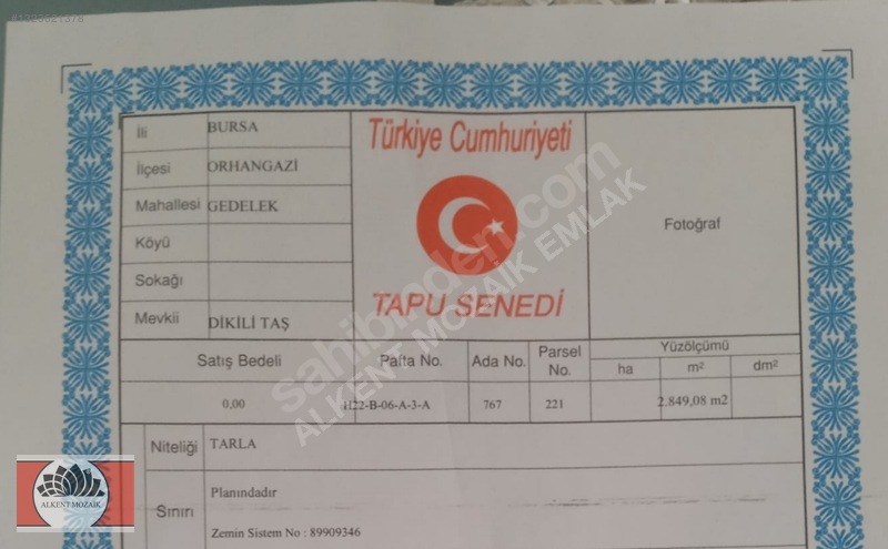 Bursa Orhangazi Gedelek'de 2.850 M² Satılık Yatırımlık Tarla