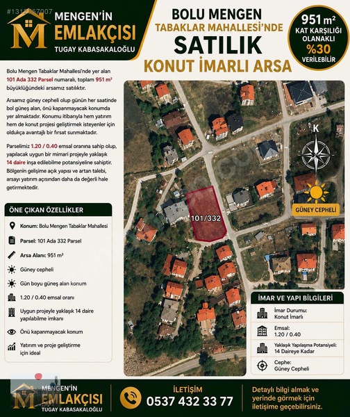 Tabaklar Mah, Güney Cephe Satılık Arsa Veya %30 Kat Karşılığı