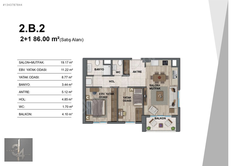 Cadde 34 Den Park Etabında 2+1 86m2 Kiralık Daire