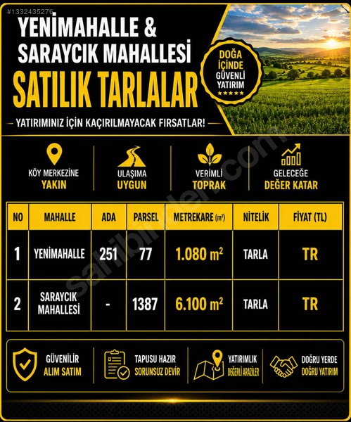 Yeni Mahalle Ve Saraycık Köyünde Satılık Tarlalar