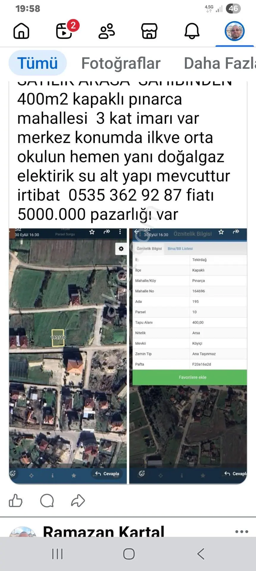 Satılık Arsa Tekirdağ Kapaklı Pınarca Mah Kartal Emlaktan — fotoğraf 9