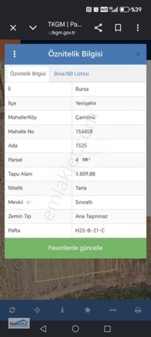 Bursa Yenişehir Çamönünde Satılık 4810 M2 Yola Cephe Tarla......