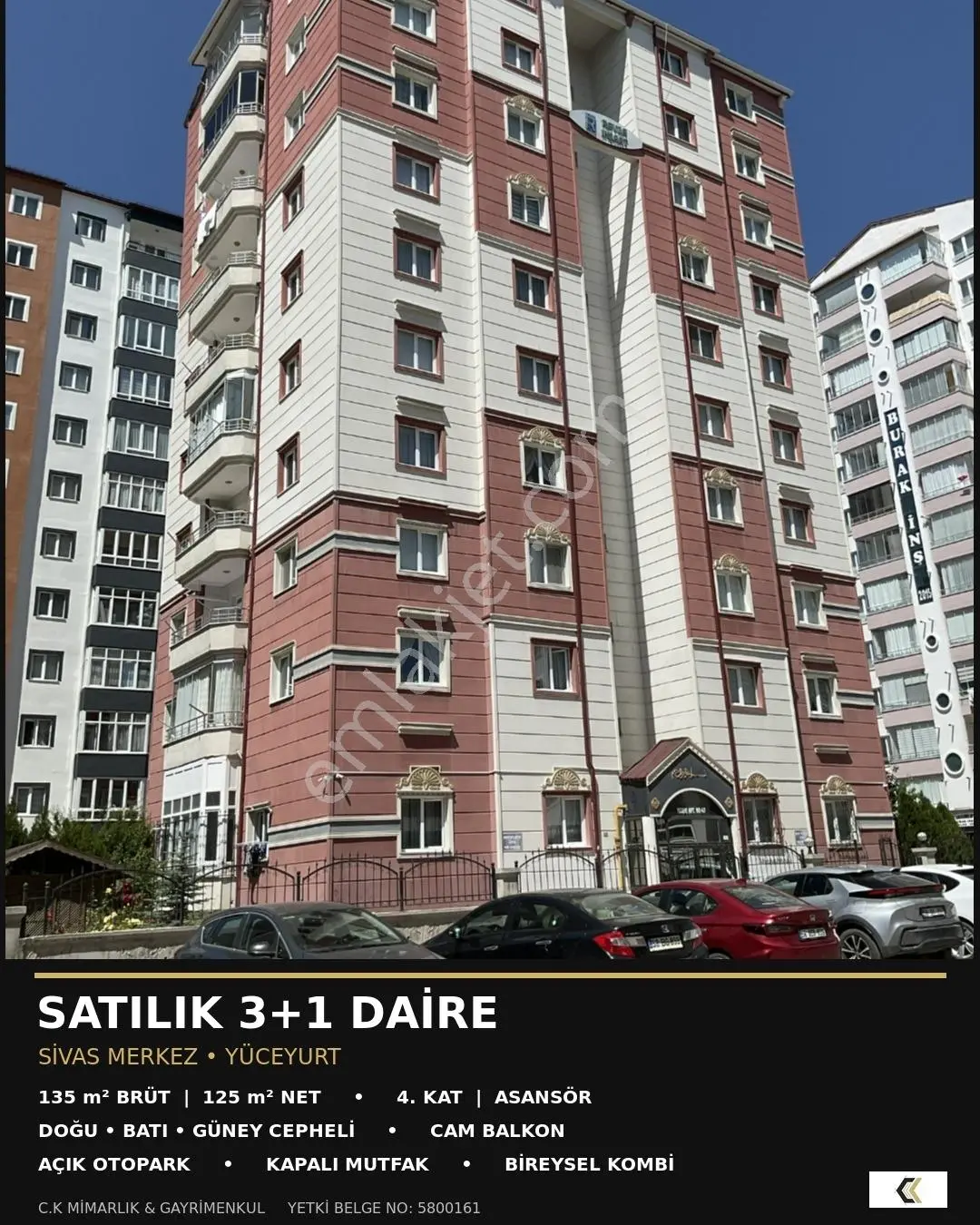 C.K Dan Yüceyurt Mahallesinde 3+1 Satılık Daire