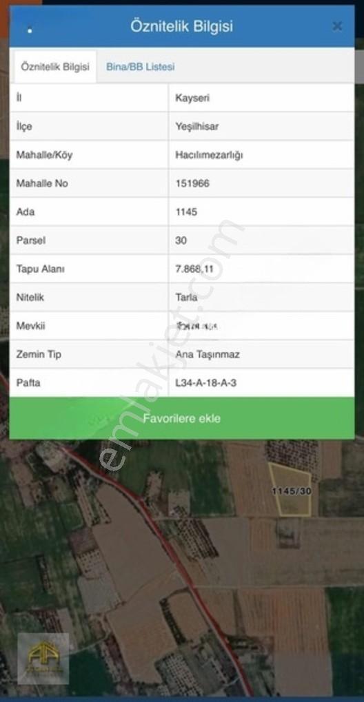 Yeşilhisar Hacılımezarlığı Mevki'de 7.868m2tek Tapulu Sulaktarla