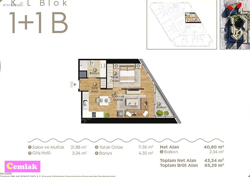Evora İzmirde 1. Kat 1+1 Balkonlu 65 M2 Kiralık Ofis