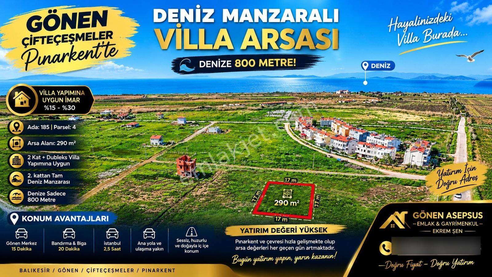 290 M² Villa Arsası Denize 800Mt Gönen Pınarkentte Deniz Mnzara