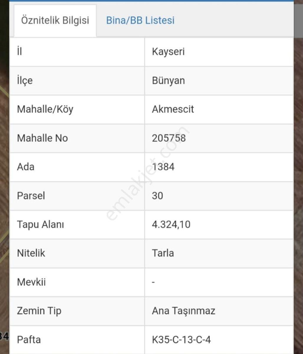 Bünyan Akmescitte 4324 M2 Satılık Tarla — fotoğraf 3