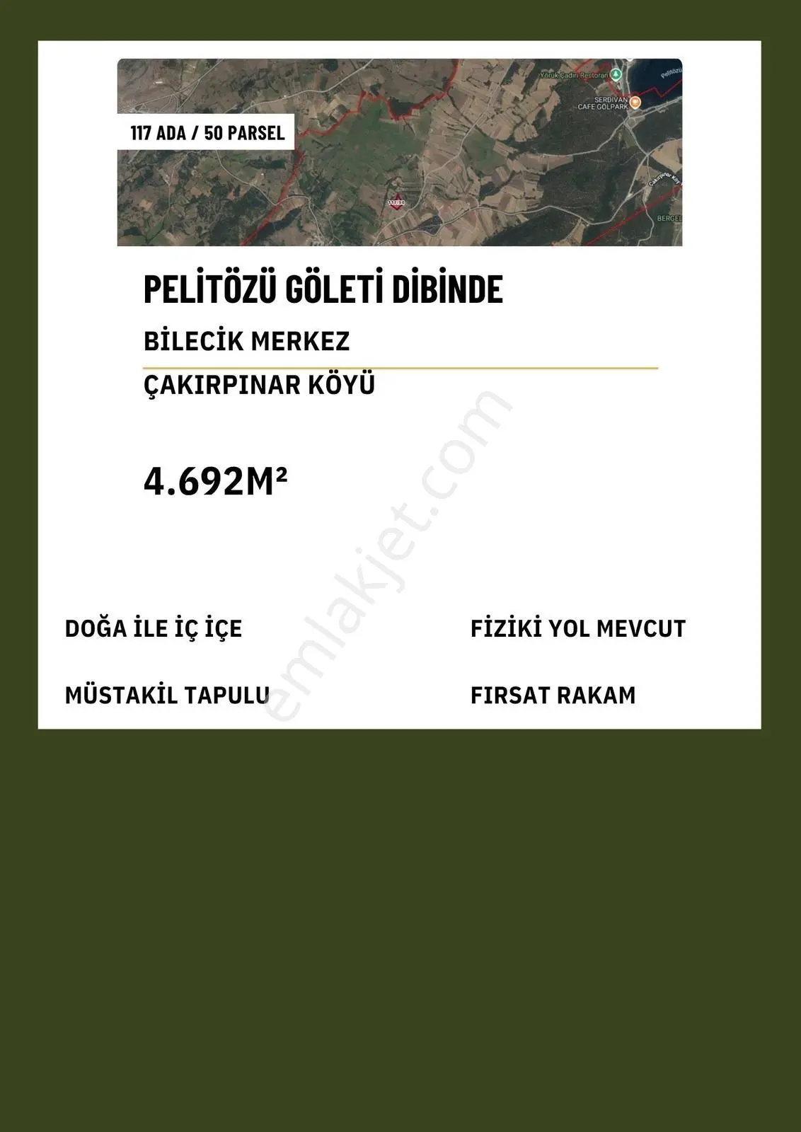 Mert Yavuz'Dan |Çakırpınar'Da 4692M2 Pelitözü Göleti Yakın Tarla