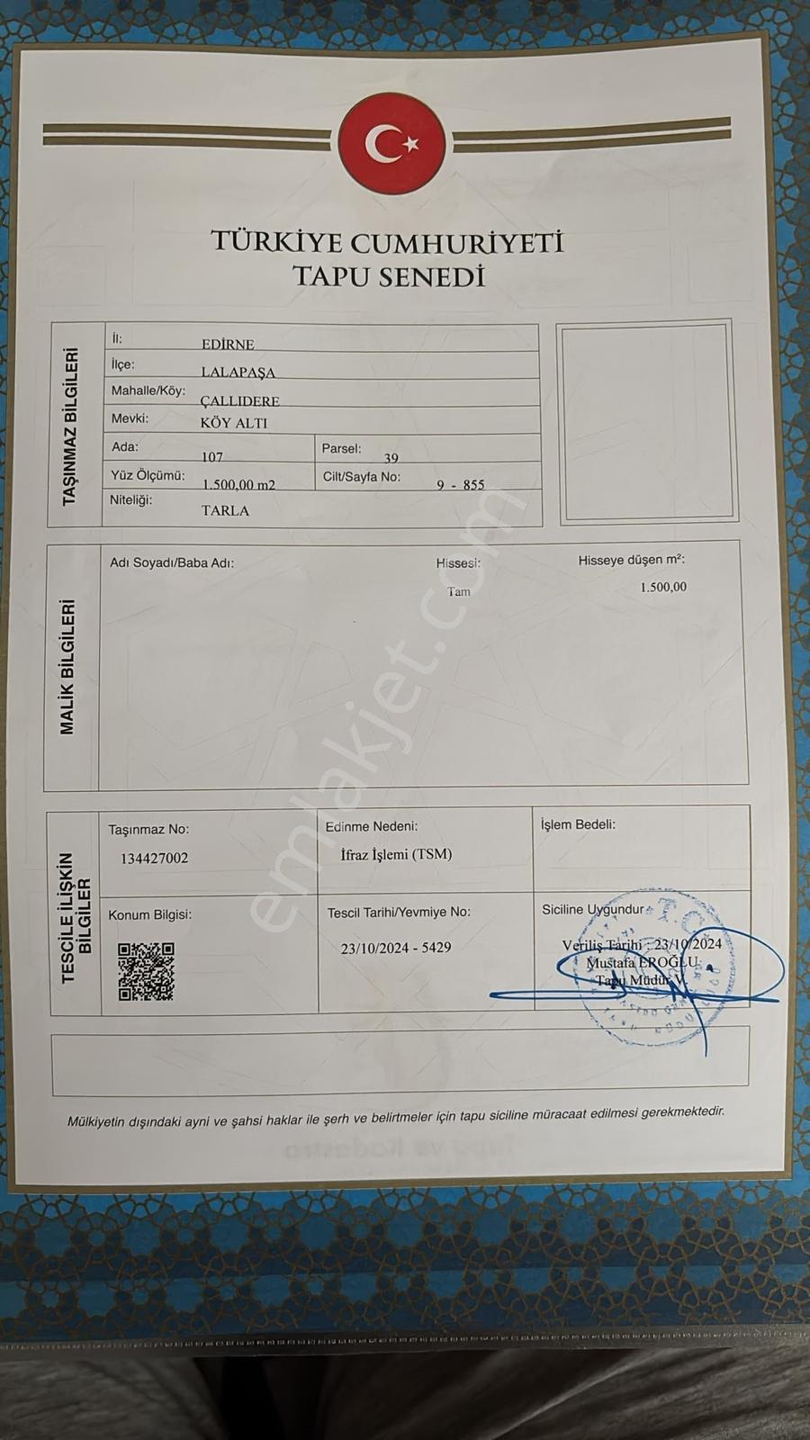 Edirne Çallı Derede 1500 M2 Tek Tapu Köy İçinde Kaçırma Yatırım — fotoğraf 2