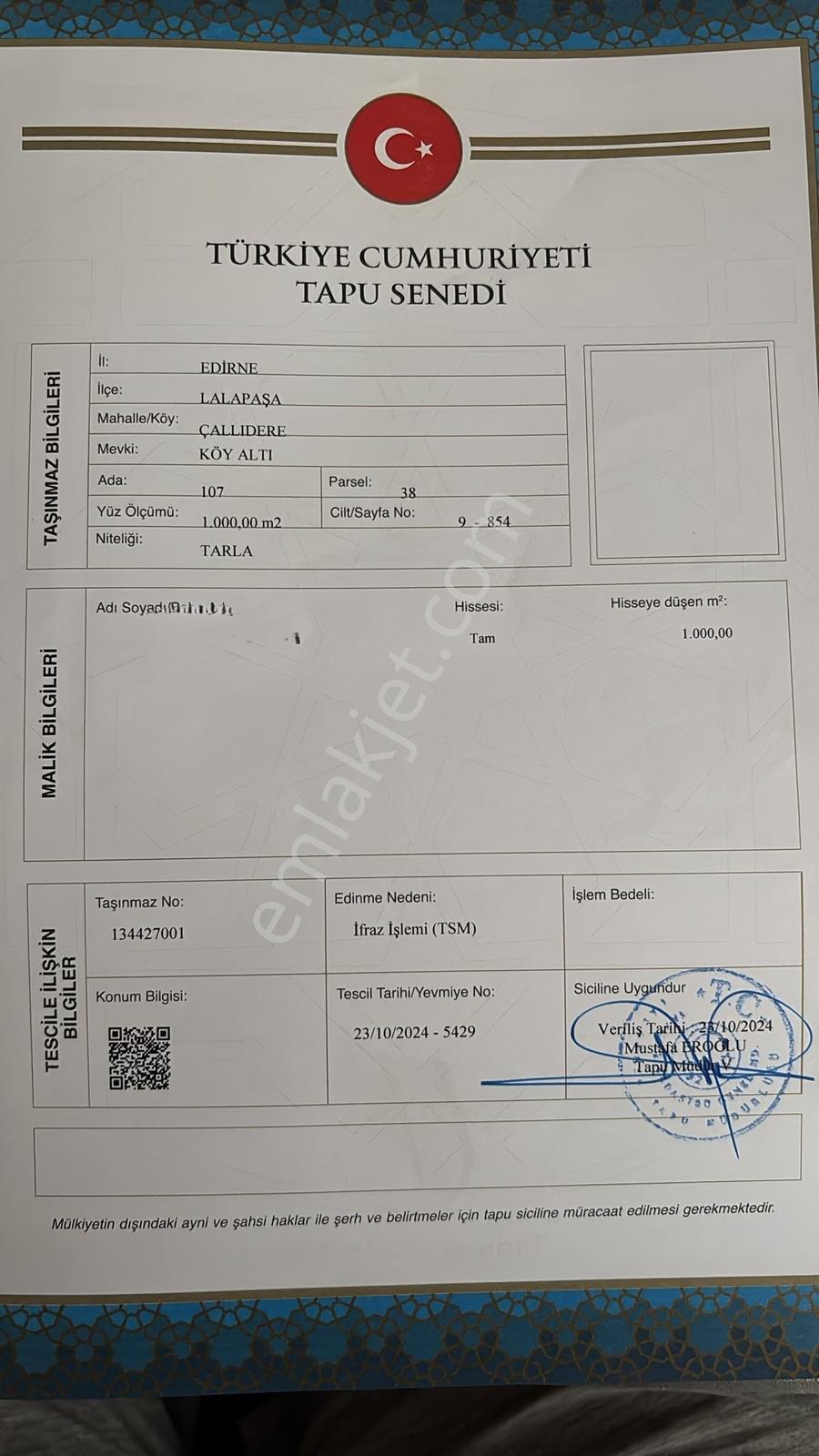 Edirne Çallı Dere Köyünde 1000 M2 Tek Tapulu İçinde Suyu Var — fotoğraf 3