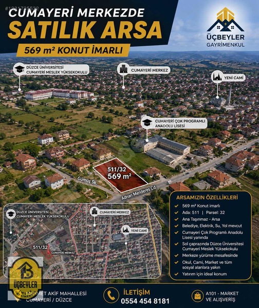 Cumayeri/Satılık Arsa 569 M2 Cumayeri Lisesi Yanında