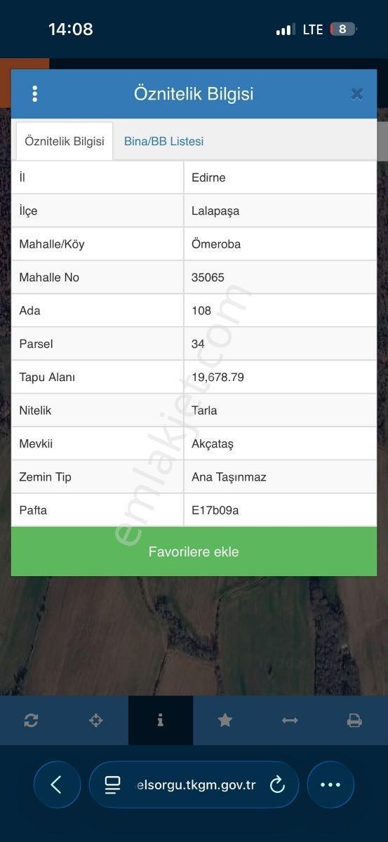 Edirne Lalapaşa Ömerobada 19.678 M² Tek Tapu Tarla