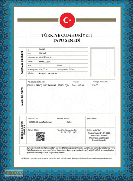 Tokat Niksar Merkez De Bina Tapu Sahibi Perta Emlak Ümit Tahmaz