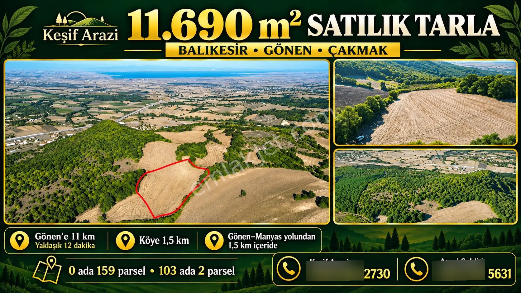 "x Keşif Arazi’den 11.690 M² Satılık Tarla Balıkesir / Gönen / Çakmak Köyü — fotoğraf 3