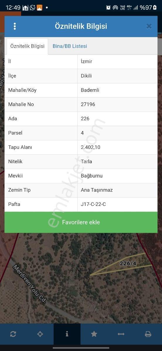Dikili Bademli Köye 1.5 Km Yakınlıkta 2.400 M² Tek Tapu Arazi