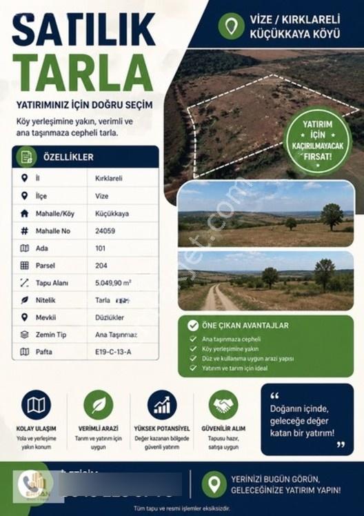 Kırklareli Vize Küçükyayla 5.050 M2 Müstakil Tek Tapu Tarla