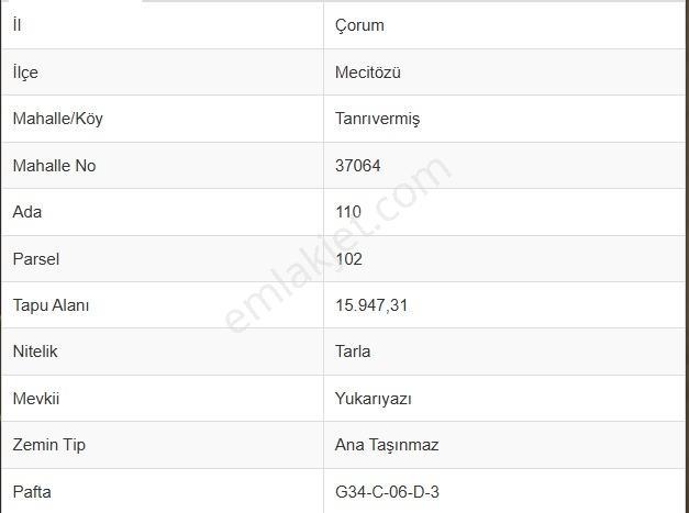 Çorum Mecitözü Tanrıvermiş Köyü Satılık Tarla