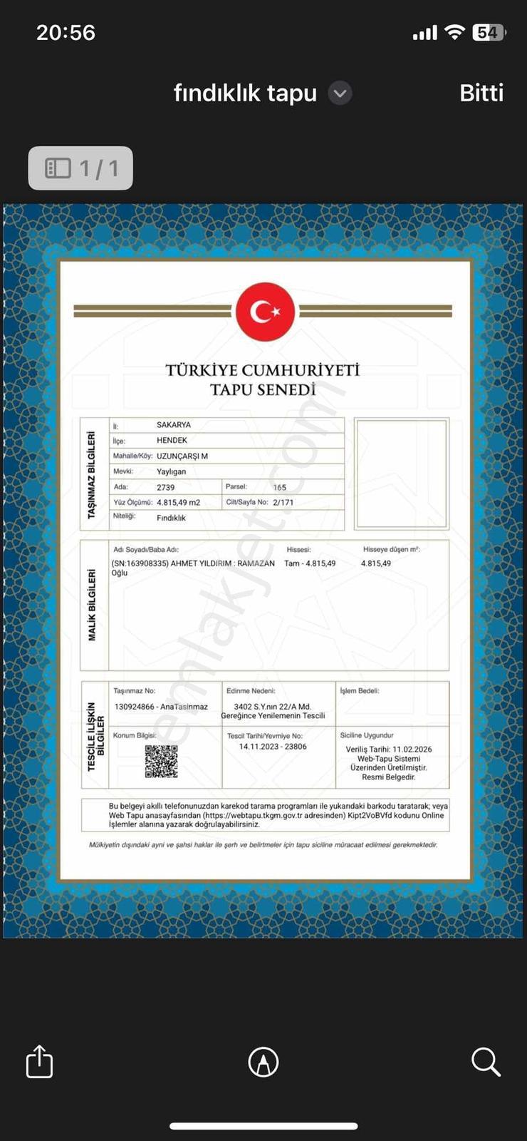 Sakarya Hendek Bakımıl 5Dönüm Fındık Behçesi İmara Sınır