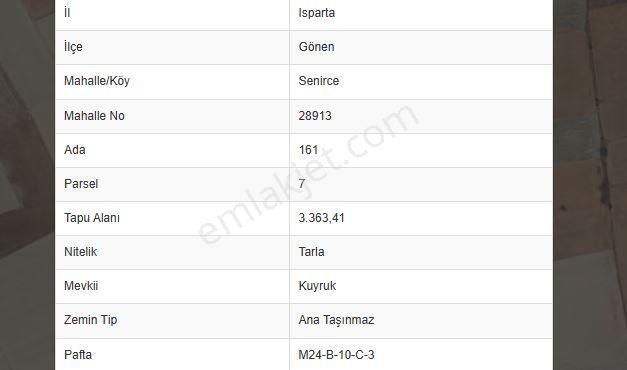 Isparta Gönen İlçesi Senirce Köyün'de 3363m2 Satılık Tarla — fotoğraf 3