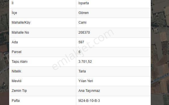 Isparta Gönen Cami Mahallesin'de 3701m2 Satılık Tarla — fotoğraf 4
