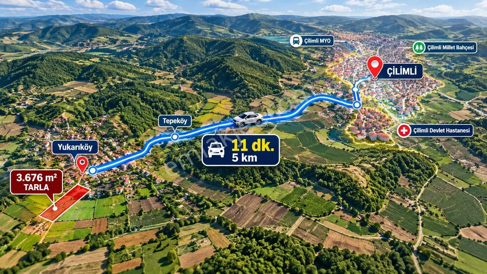 Yatırıma Uygun Çilimli'ye 10 Dk 3.676m2 Tarla Yola Cepheli — fotoğraf 2