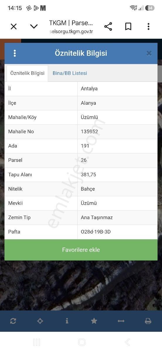 Alanya Üzümlü'de Satılık 191 Ada 26 Parsel - 381.75 M² Tarla — fotoğraf 2