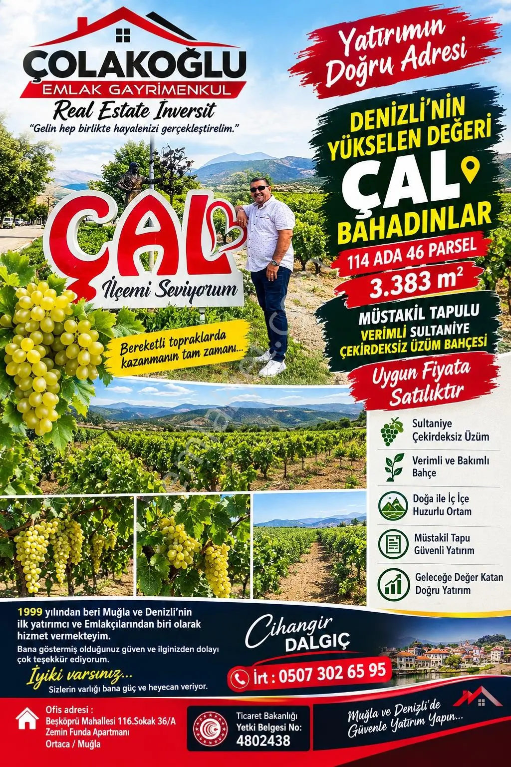 Denizli Çal Bahadınlar Satılık 3.383M2 Müstakil Yetişkin Üzüm Bağı Bahçesi
