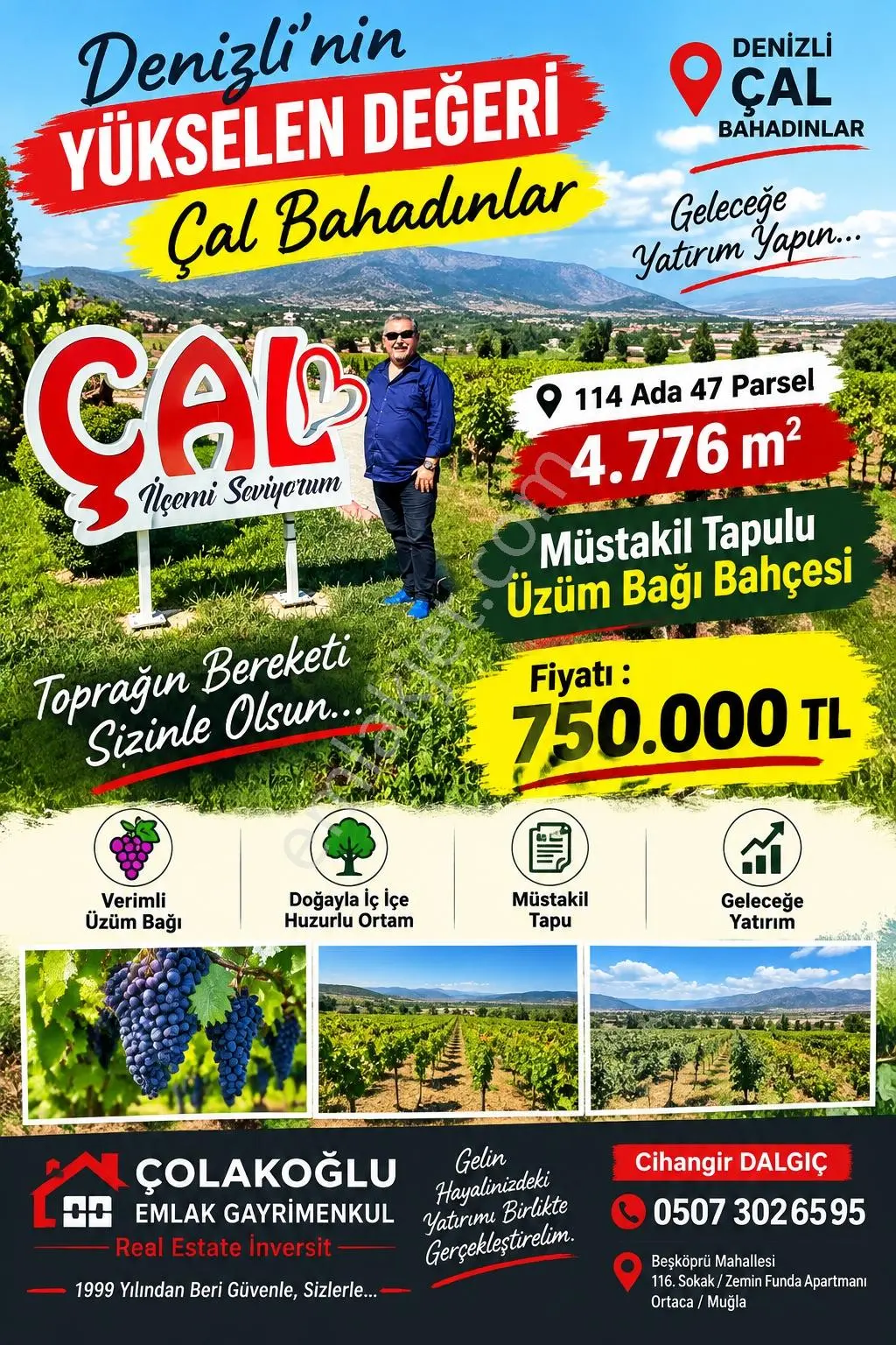 Denizli Çal Bahadınlar Satılık 4.776M2 Müstakil Tapulu Üzüm Bağı Bahçesi