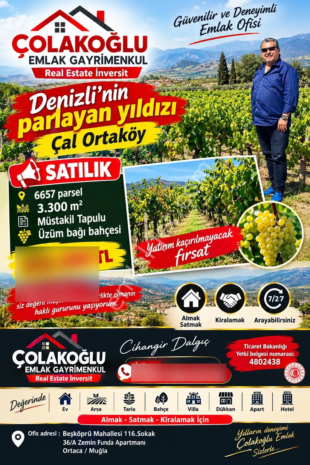 Denizli Çal Ortaköy Mahallesi Satılık 3.300M2 Müstakil Tapulu Üzüm Bağı