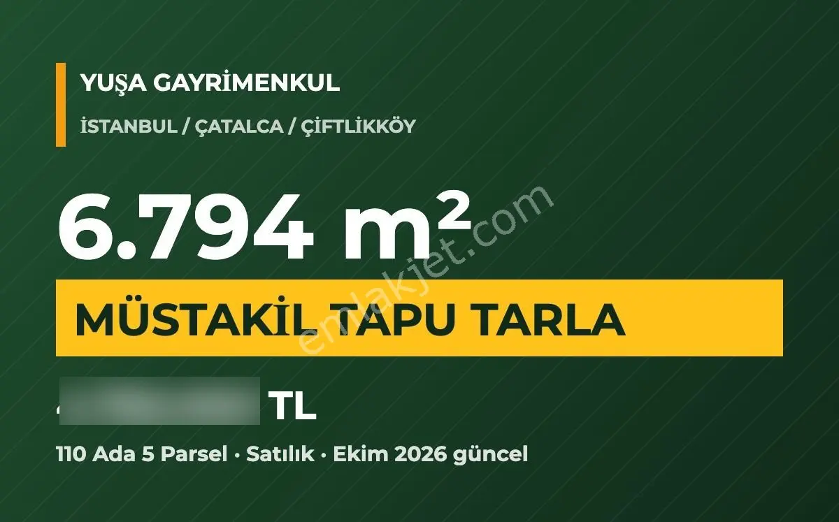 Çatalca Çiftlikköy 110 Ada 5 Parsel Müstakil Tapulu 6.794 M² Tarla