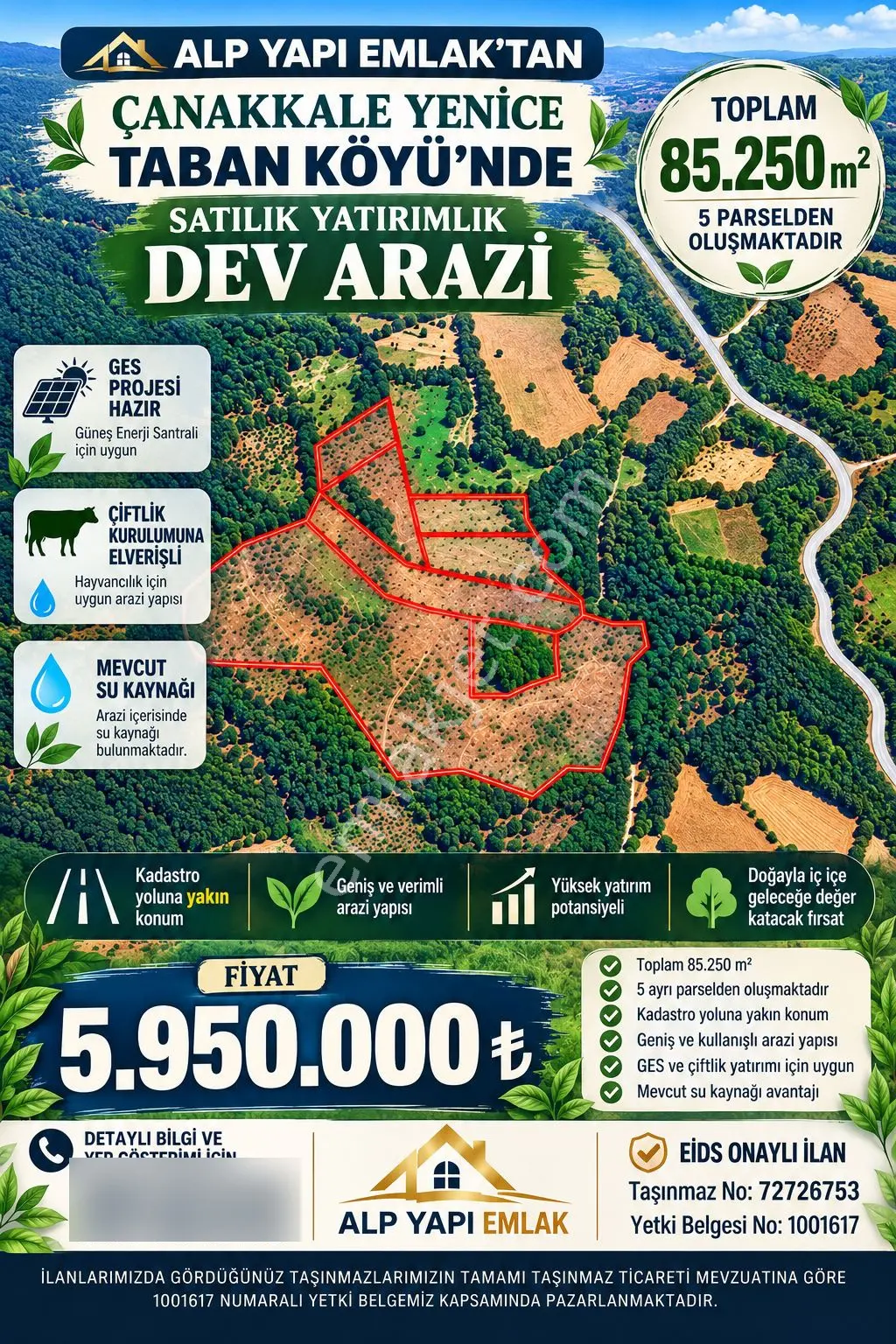 Çanakkale Yenice Taban Mahallesin'De Satılık 85.250 M² Tarla