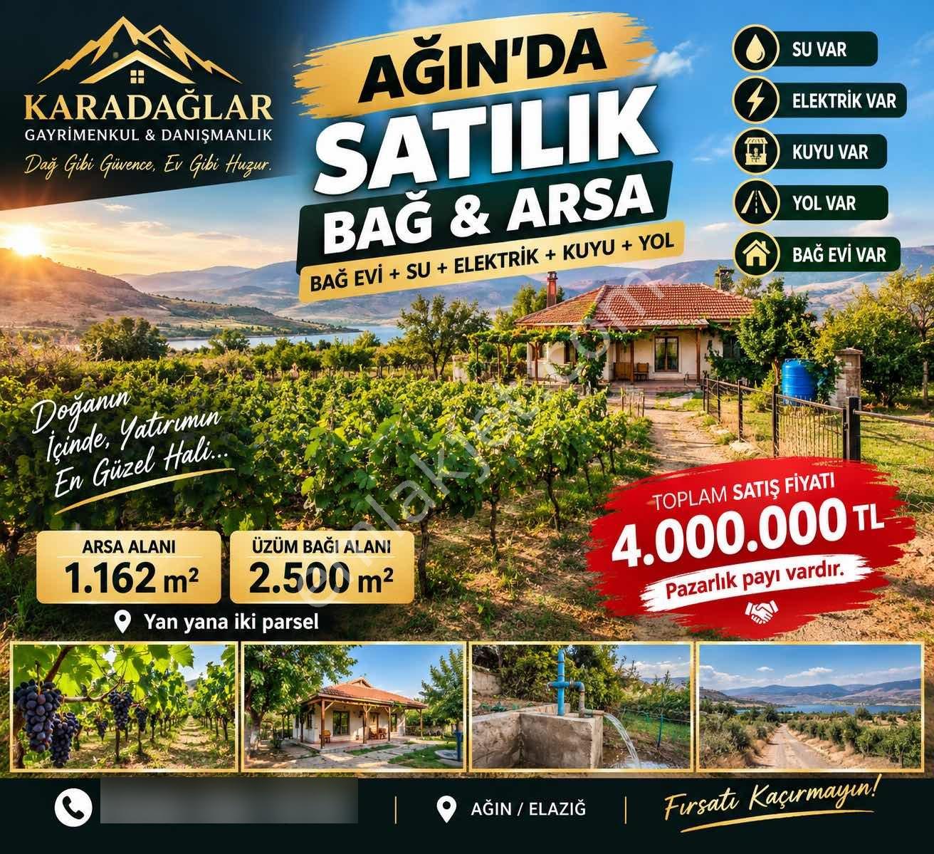 Ağında Satılık Bağ Ve Arsa! Su, Elektrik, Kuyu Ve Bağ Evi