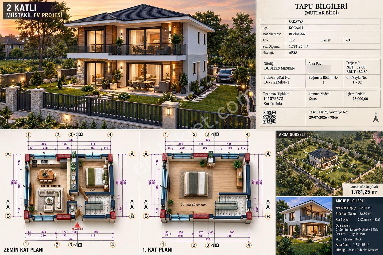 Sakarya Kocaali 300M2 Arsa İçinde 2 Katlı Ev Projeli Masrafsız