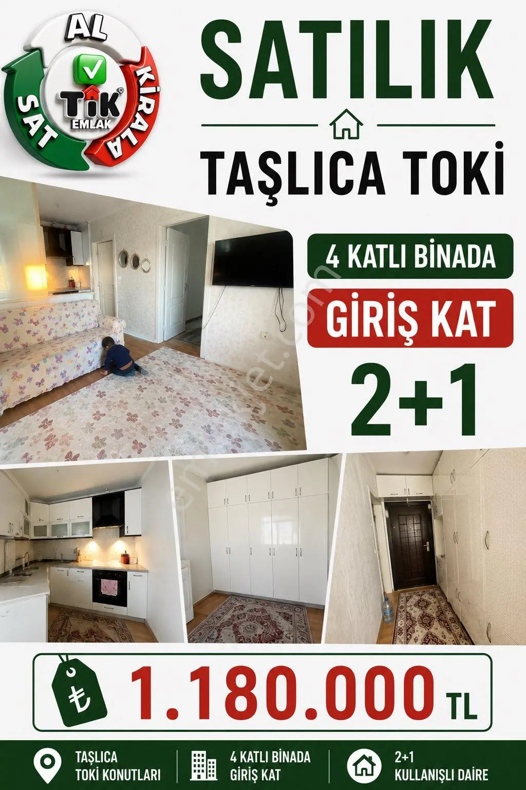 Taşlıca Toki'De Asansörlü Ve Kombili 75 M² 2+1 Yüksek Giriş Satılık Daire
