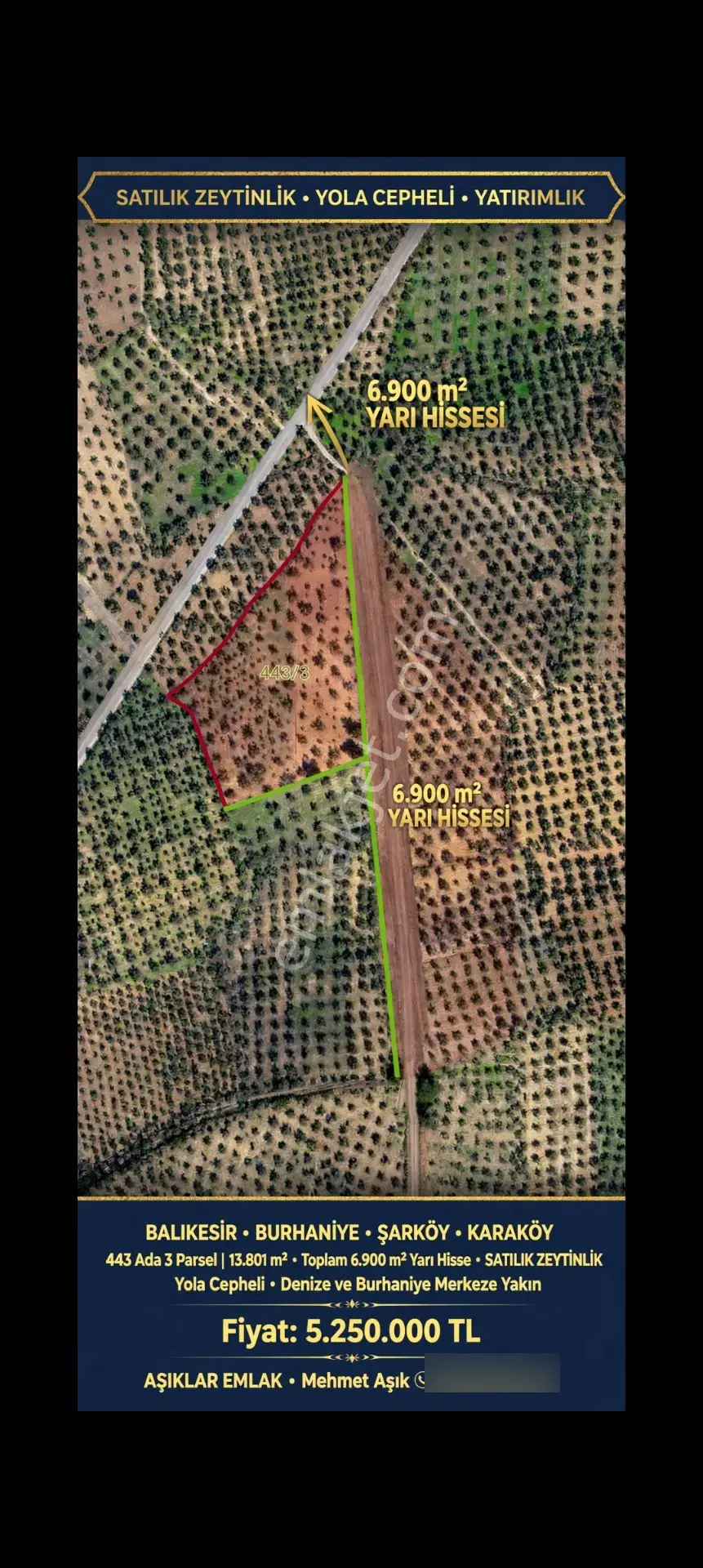 Balıkesir Burhaniye Şarköy Karaköy'De Yolu Olan 6.900M² Satılık Yarı Hisseli Zey...