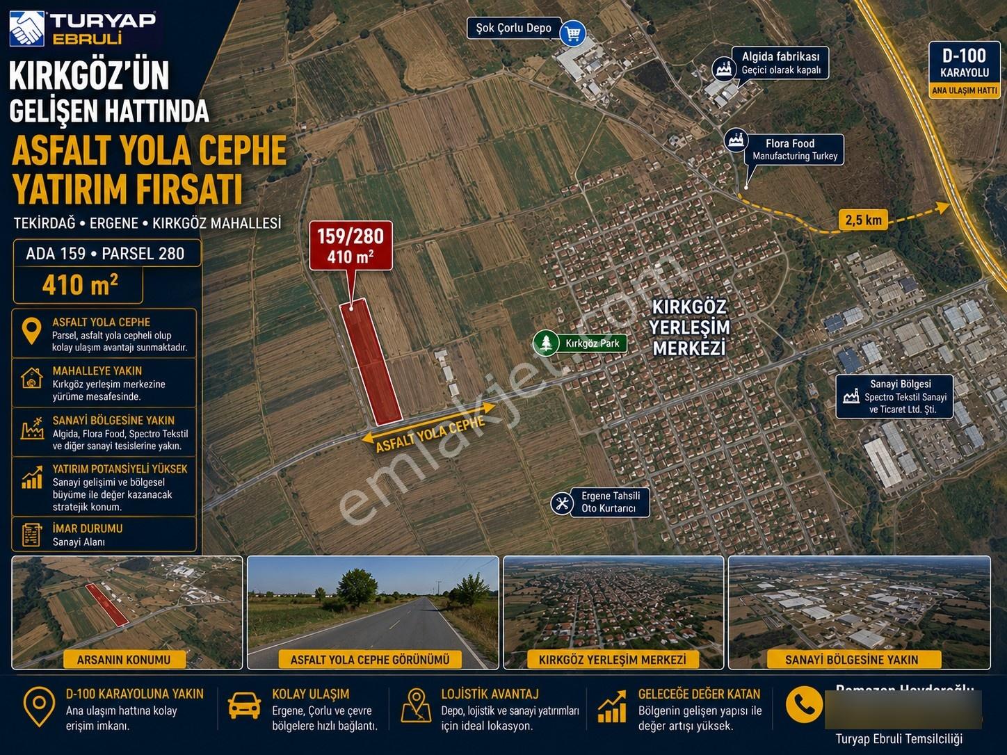 Çorlu Ergene Kırkgöz De Ana Asfalta Cephe Merkezde Satılık 409M2