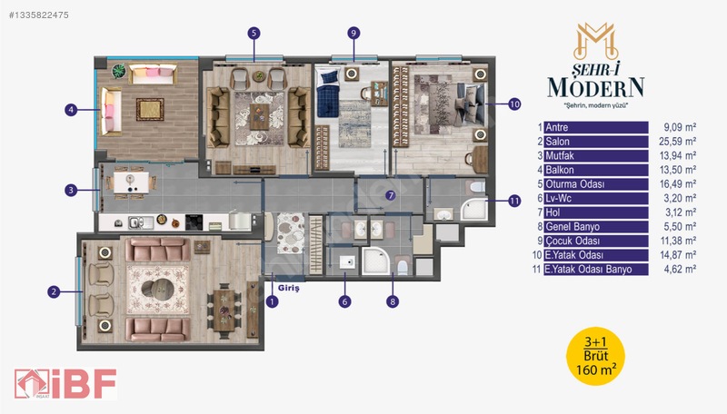 İbf | Büyük Balkonlu + Çift Banyo + Lw Wc + 160 M² 3+1 Daire — fotoğraf 22