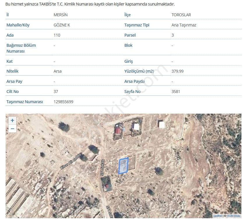 Toroslar Gözne Korum Teglica Pınarın Da 380 M2 İmarlı Arsa