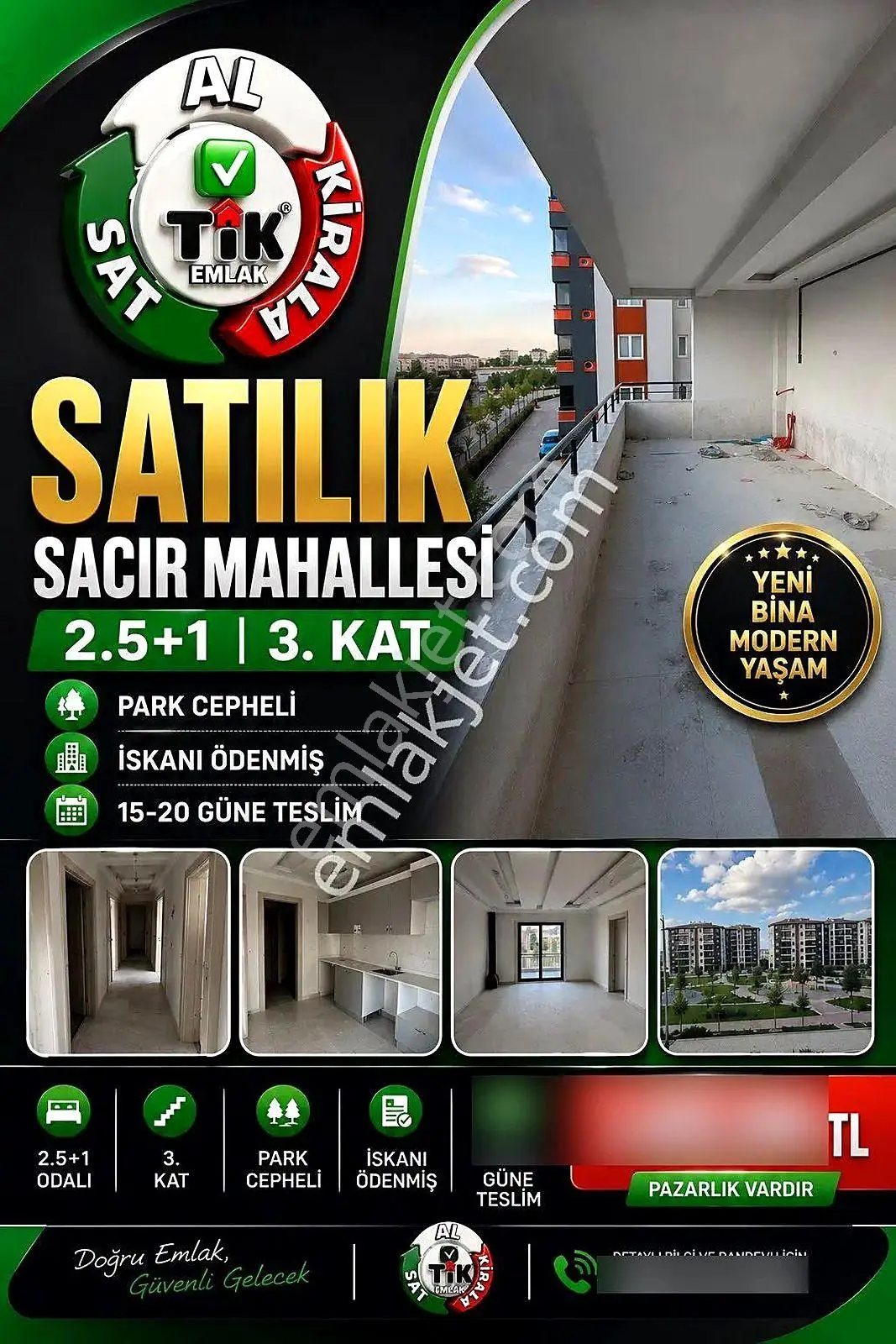 Şehitkamil Sacır'Da Park Cepheli Asansörlü 110 M² 2,5+1 Satılık Daire