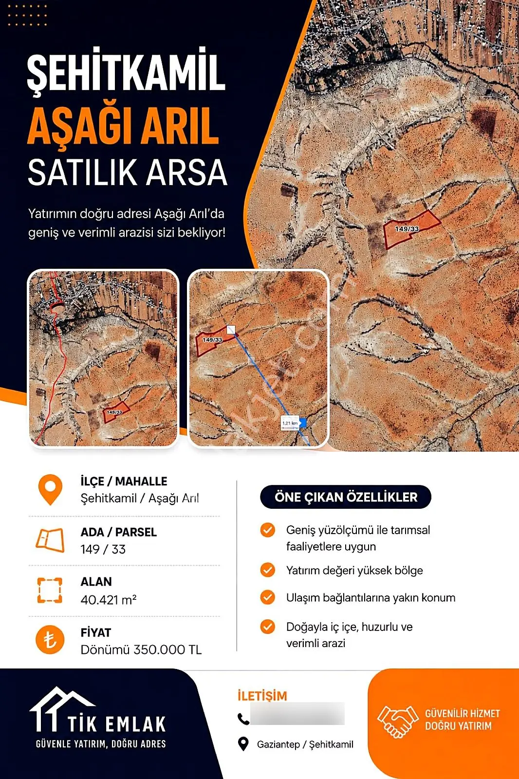 Şehitkamil Aşağı Arıl'Da 40.421 M² Satılık Yatırımlık Arazi, Dönümü 350.000 Tl