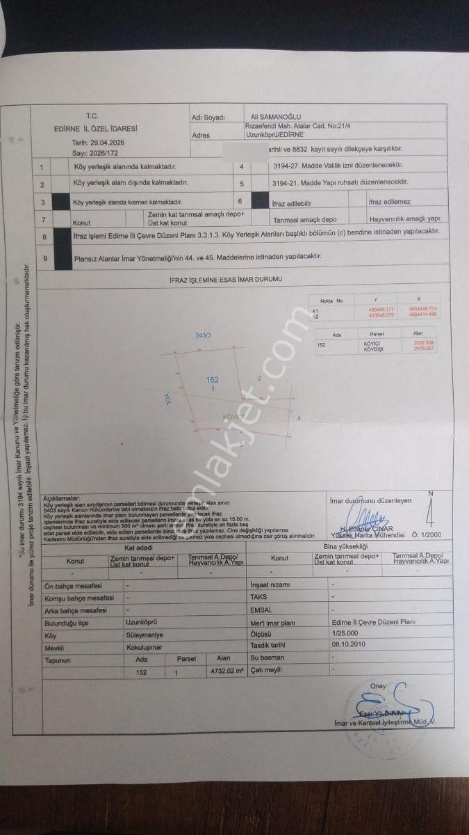 Edirne Uzunköprü Süleymaniye 2.5 Kat İmarlı 1020m2 Köy İçi Arsa — fotoğraf 2