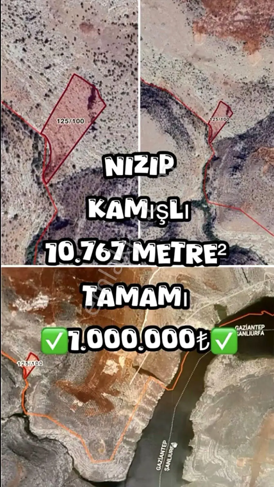 Nizip Kamışlı'Da Su Kenarında 10.767 M² Tamamı Satılık Arsa
