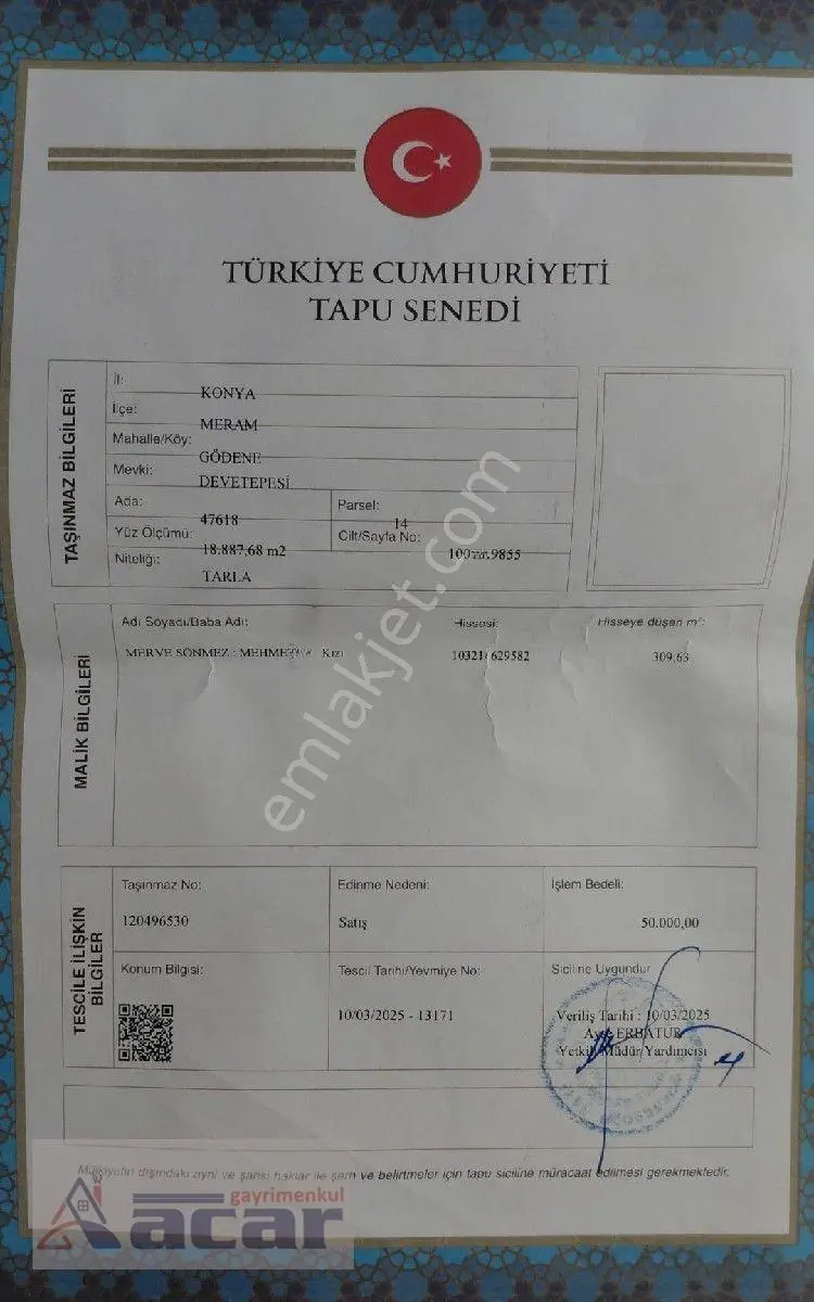 Meram Gödene Devetepesinde Satılık 309 M2 Tarla